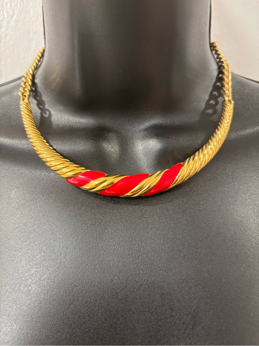 Monet Vintage Signed Gold-Tone Twisted Collar Necklace with Red Enamel Accents
